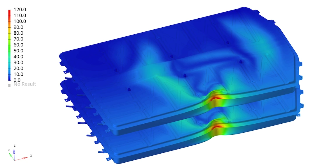 FEA contour plot on two stacked panel components, peak values in red at a formed bend