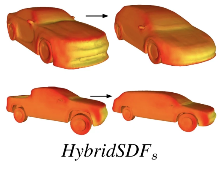 HybridSDF shape edits: a sports car and a pickup truck morphed into new body shapes via signed distance functions
