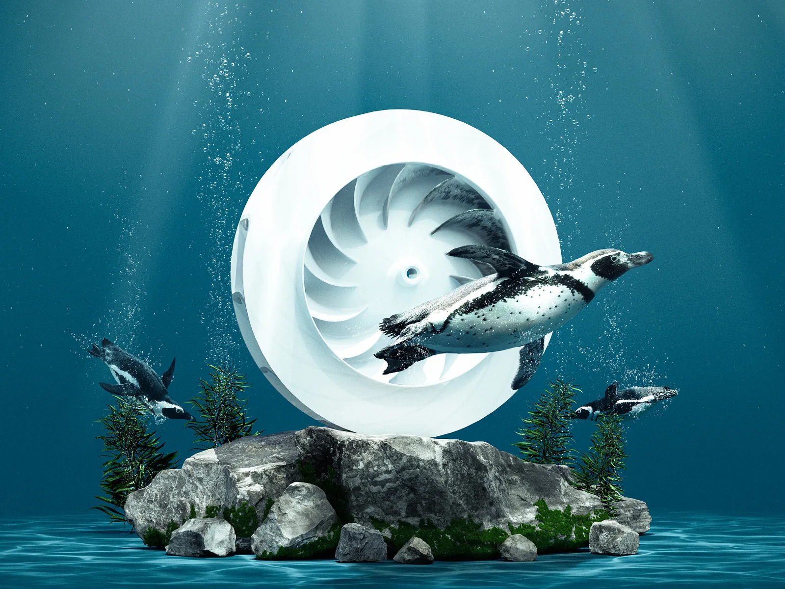 MAHLE's bionic radial blower underwater, with penguins swimming around it