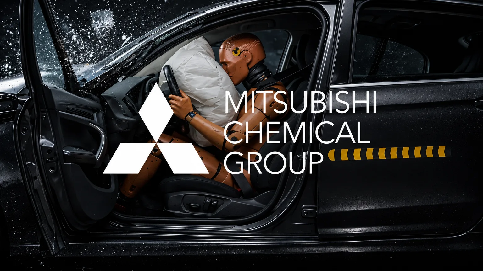 Mitsubishi Chemical Group logo over a crash test with an airbag deployed