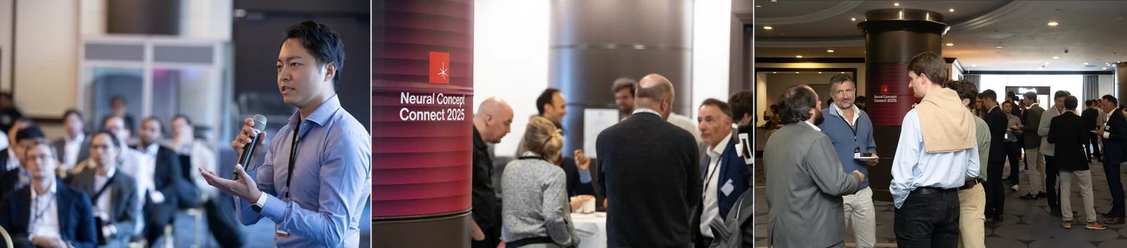 Neural Concept Connect 2025: a speaker presenting and attendees networking between sessions