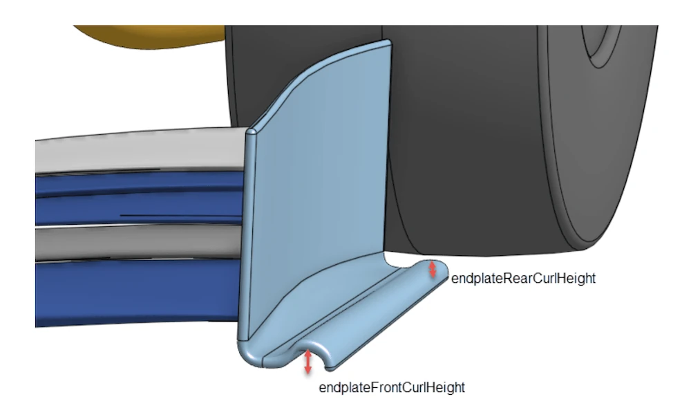 Onshape CAD model showing the endplate and flap angle parameters