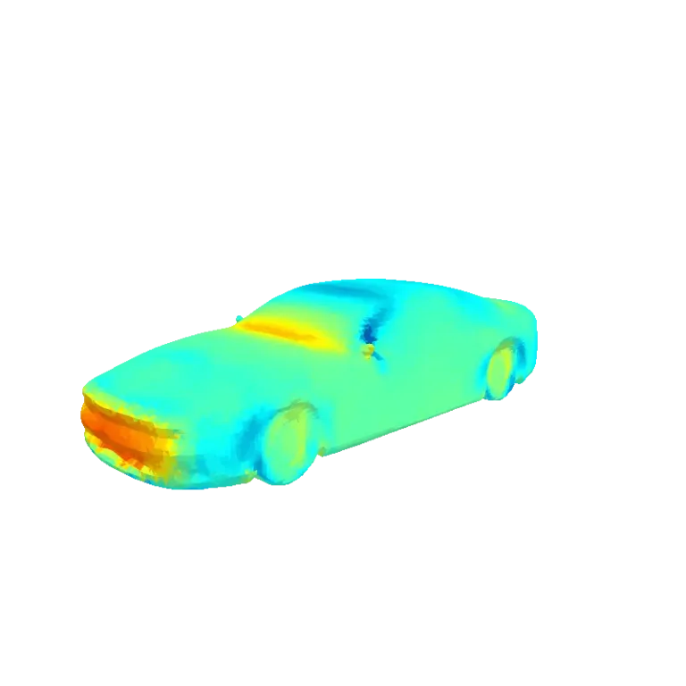 Pressure field on a car body predicted by a neural network, red at the front bumper, for Bayesian shape optimization