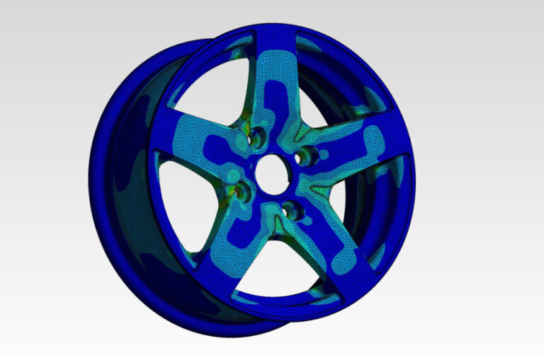 FEA result on a meshed five-spoke car wheel rim, highlighting stress zones around the spokes