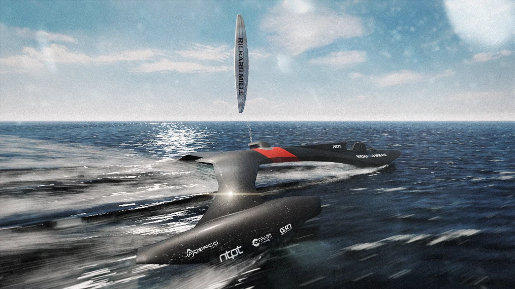 Render of the SP80 kite-powered boat skimming the sea on its hydrofoil at speed