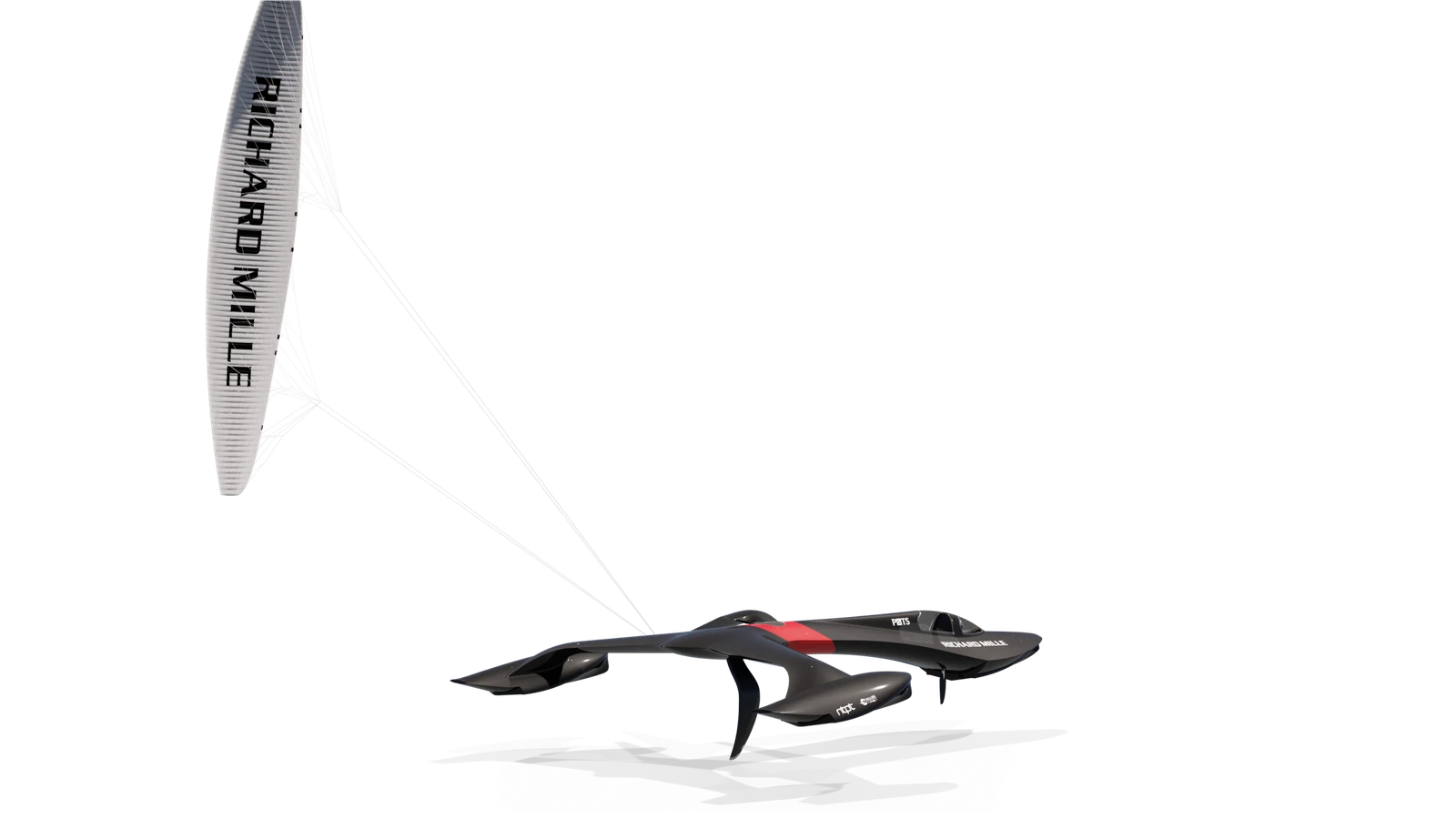 Render of the SP80 kite-powered boat with its wedge-shaped hydrofoil, designed using thousands of CFD simulations