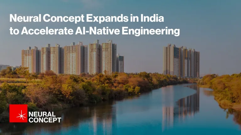 Residential towers along a river in India with the headline Neural Concept Expands in India and the company logo