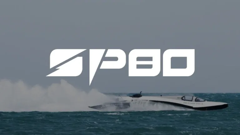 SP80 logo above the SP80 boat skimming across the sea on hydrofoils