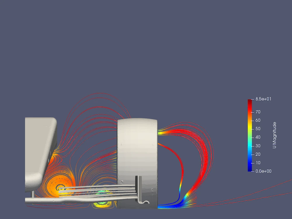 Streamlines in the wake behind the front tire, front bodywork visible