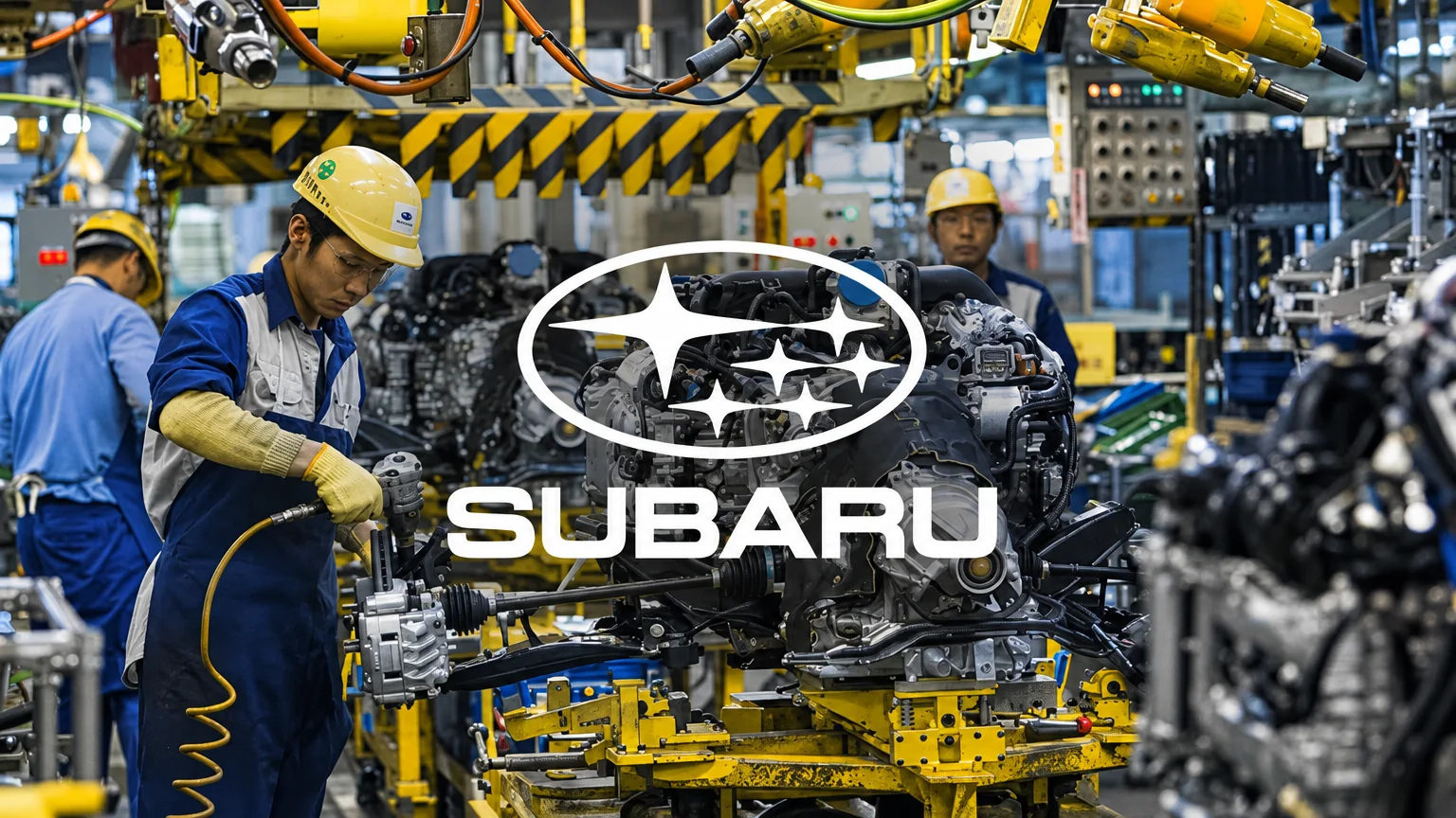 Subaru logo over an engine assembly line