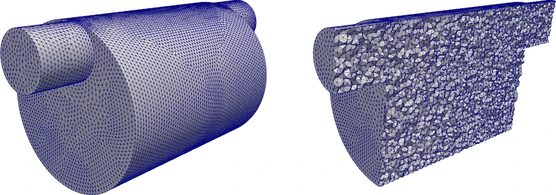 Tetrahedral CFD mesh of a cylindrical geometry, shown on the surface (left) and in cross-section (right)