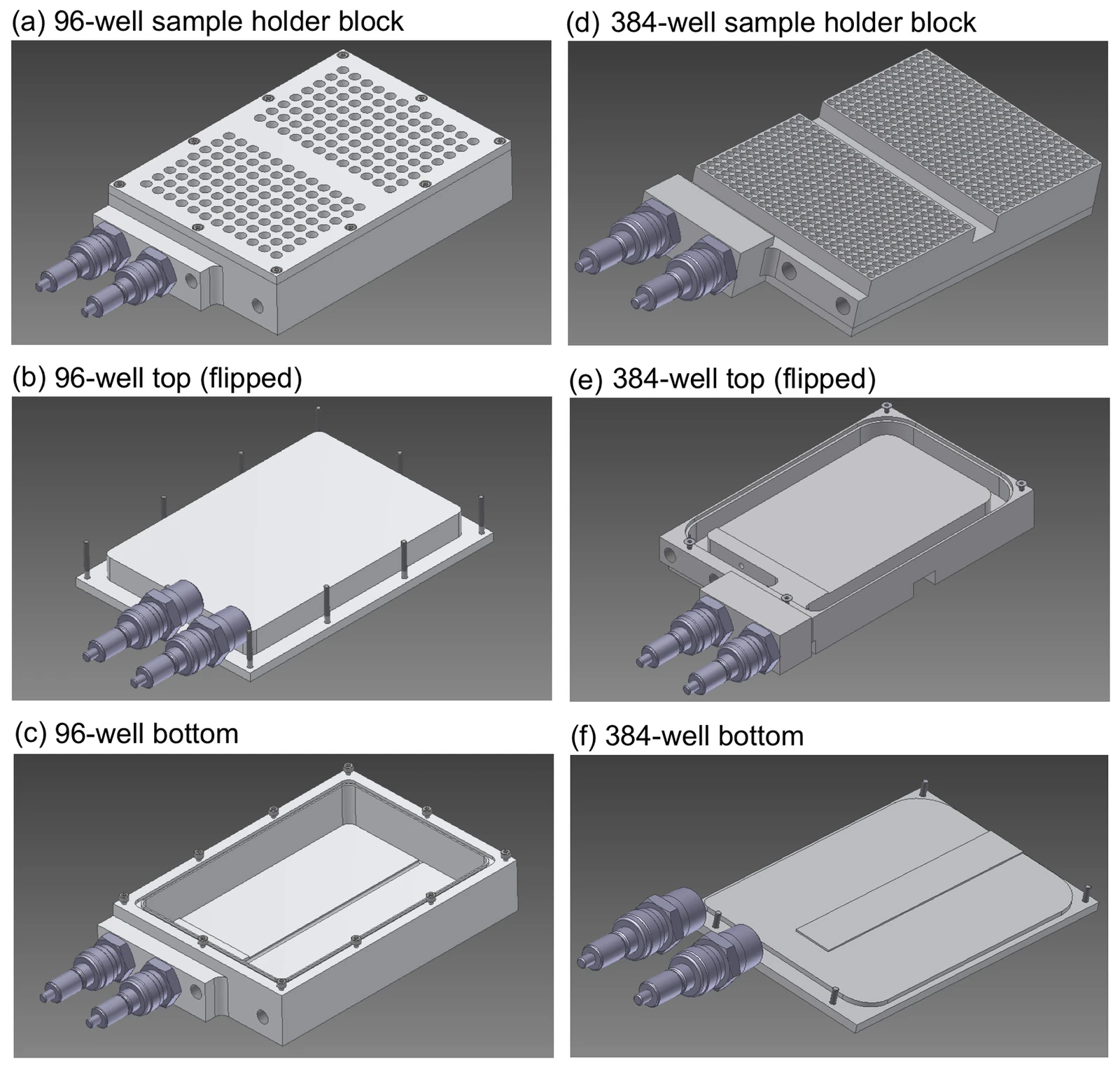 CAD models of 96-well and 384-well sample holder blocks acting as compact heat exchangers for uniform lab temperature control