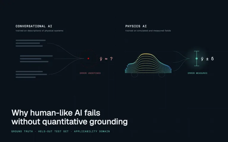Conversational AI trained on text returns an unverified value, while physics AI trained on a simulated pressure field returns a value with a measured error